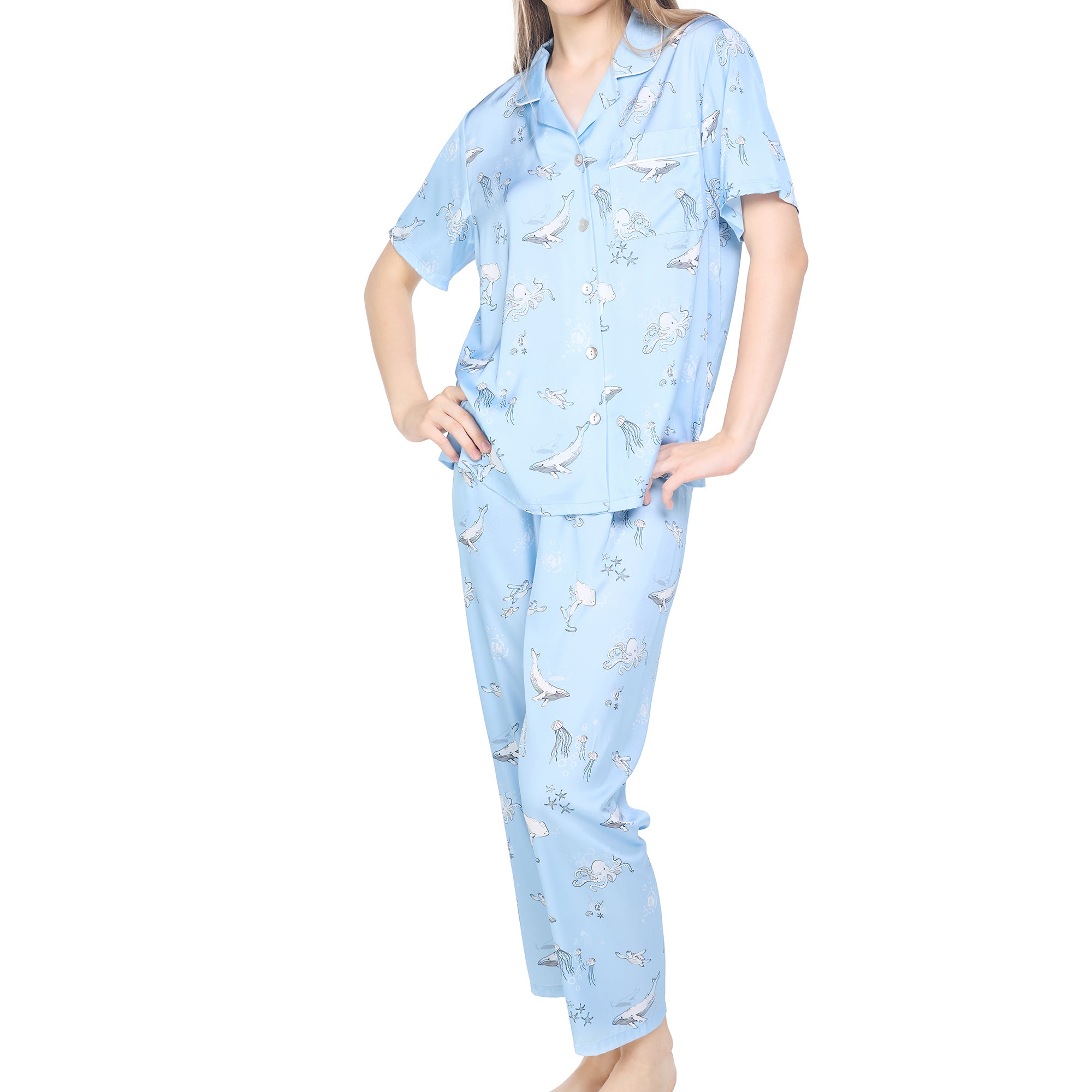 Wacoal Sleep wear ชุดนอนเสื้อแขนสั้น กางเกงขายาว ลาย Sea Life รุ่น WN7G05 สีฟ้า (ST)