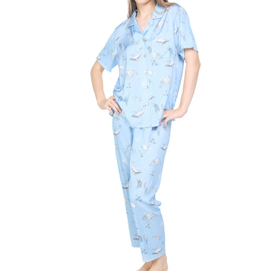 Wacoal Sleep wear, short-sleeved shirt and long pants, Sea Life pattern, model WN7G05, blue (ST)