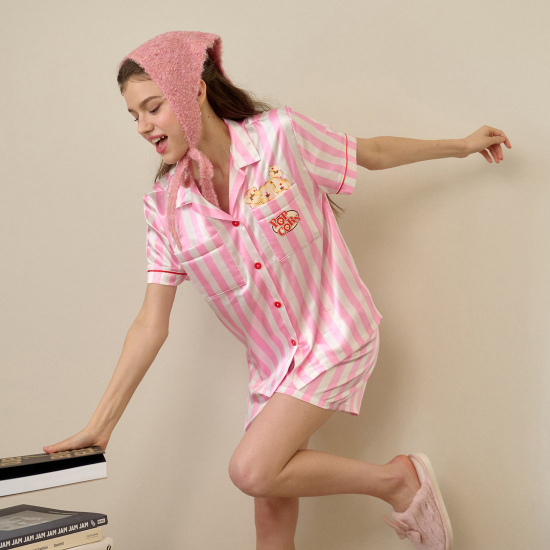 Santa Monica Collection, short-sleeved, short-sleeved pajamas, Pop corn print, model WN7O05, pink (PI)