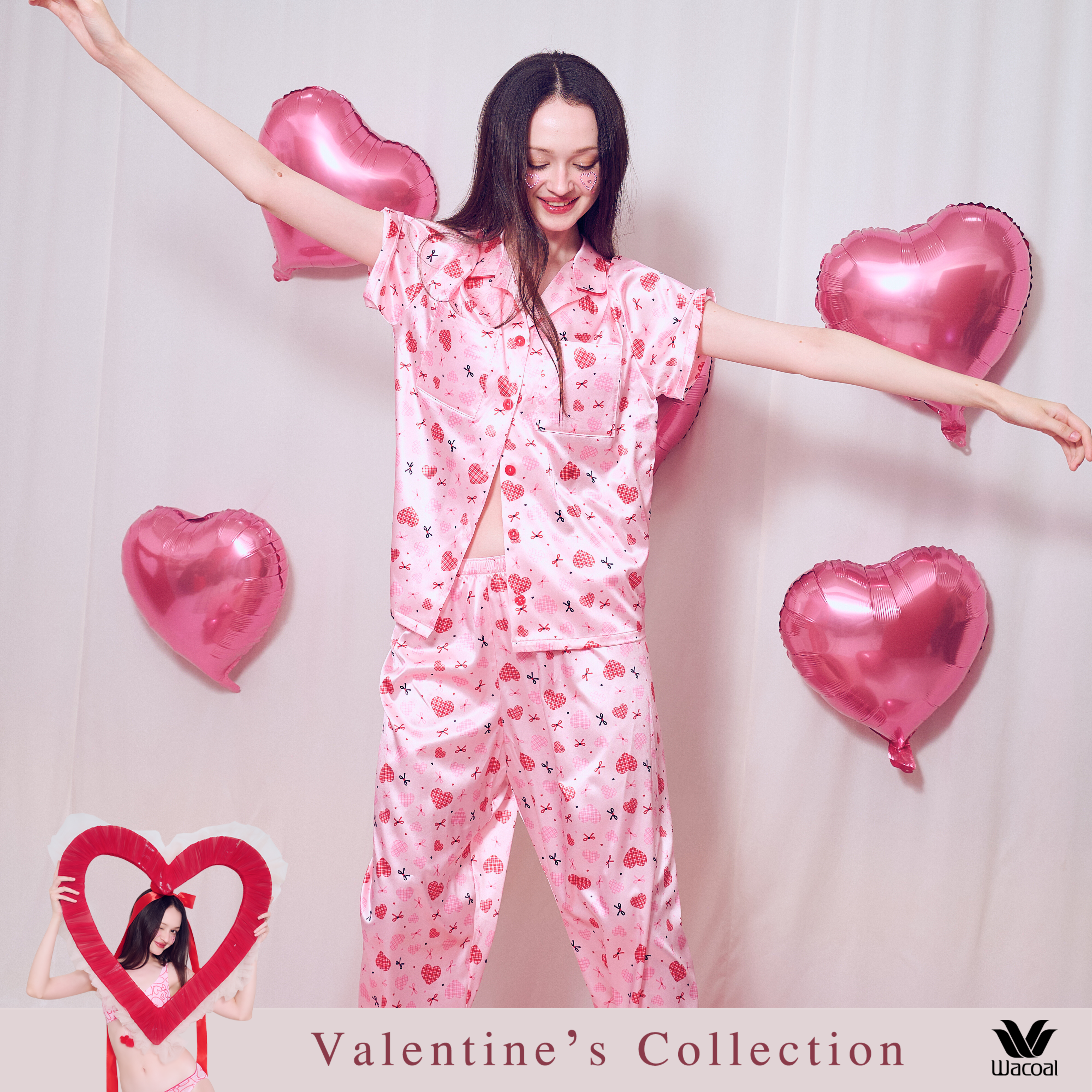 Wacoal Valentine Collection  ชุดนอนกันโป๊ แขนสั้น ขายาว รุ่น WN7V30 สีชมพู (PI)