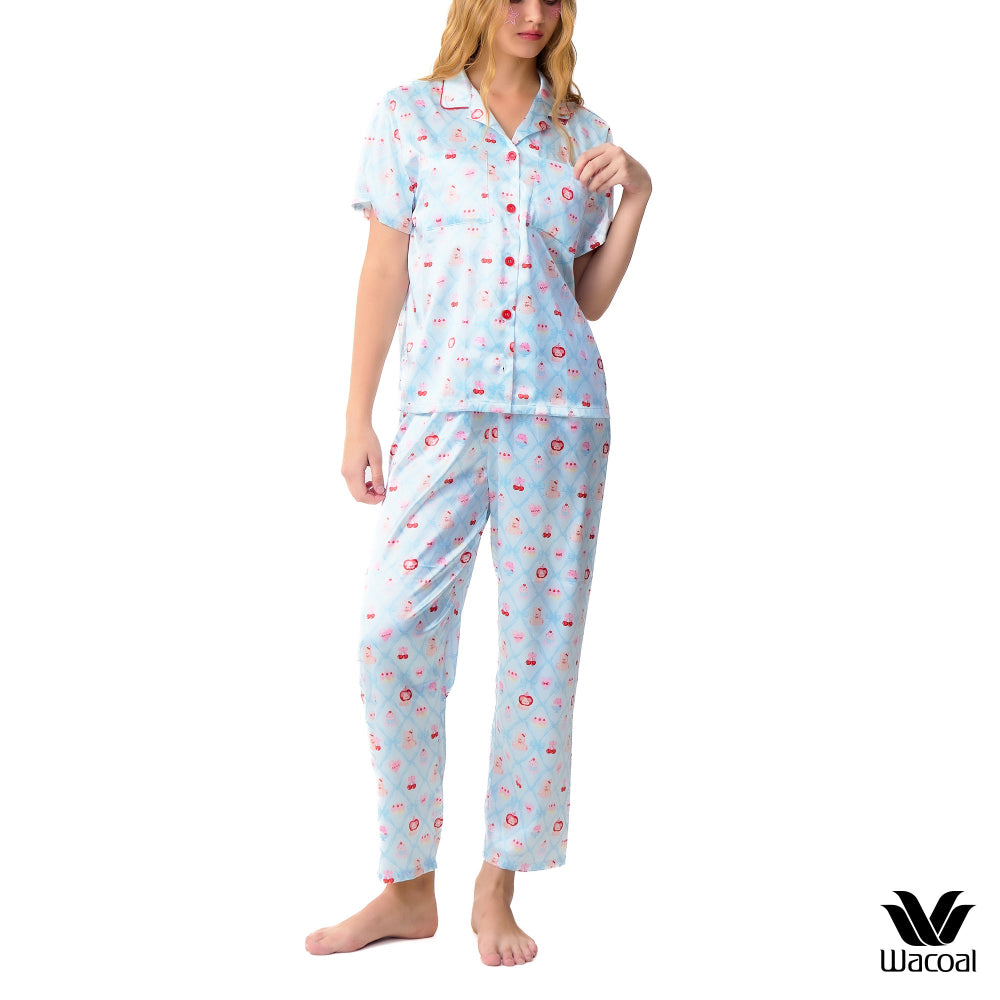 Wacoal No-Bra Sleepwear ชุดนอนกันโป๊ แขนสั้น ขายาว ชุดนอน รุ่น WN7V32 สีฟ้า (SX)