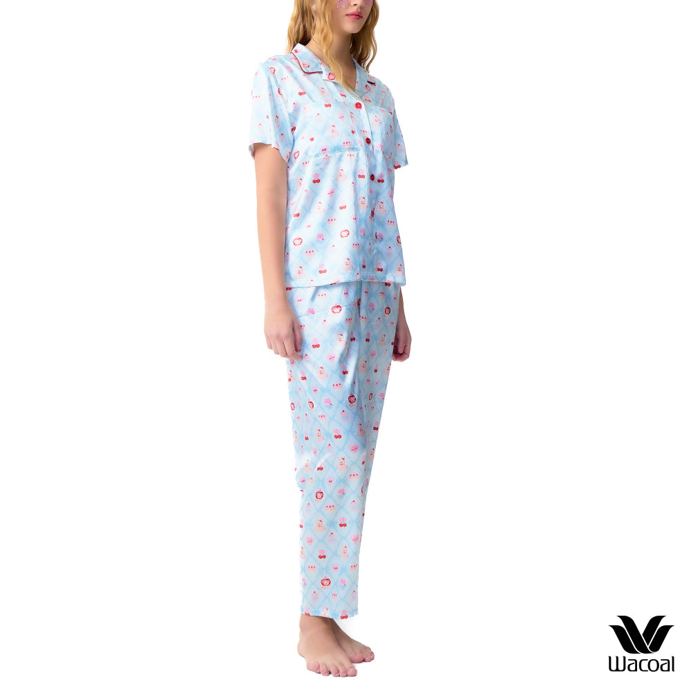 Wacoal No-Bra Sleepwear ชุดนอนกันโป๊ แขนสั้น ขายาว ชุดนอน รุ่น WN7V32 สีฟ้า (SX)