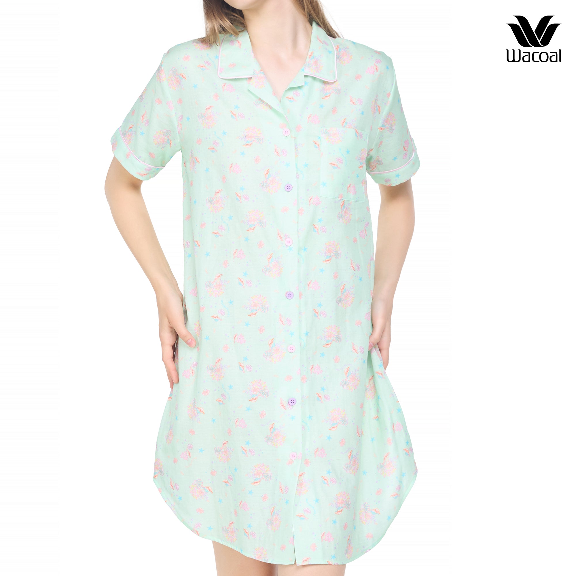 Wacoal x Santa Monica Collection Long shirt ชุดนอนแบบกระโปรง พิมพ์ลาย Sweet Coral รุ่น WN8G01