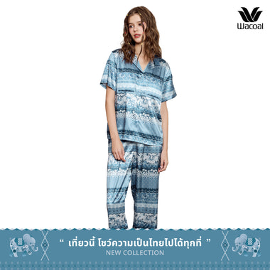 Wacoal Any Thai Any Where Collection Wacoal anti-exposure pajamas, short-sleeved shirt, long pants, elephant print, model WN7V10, blue (BU)