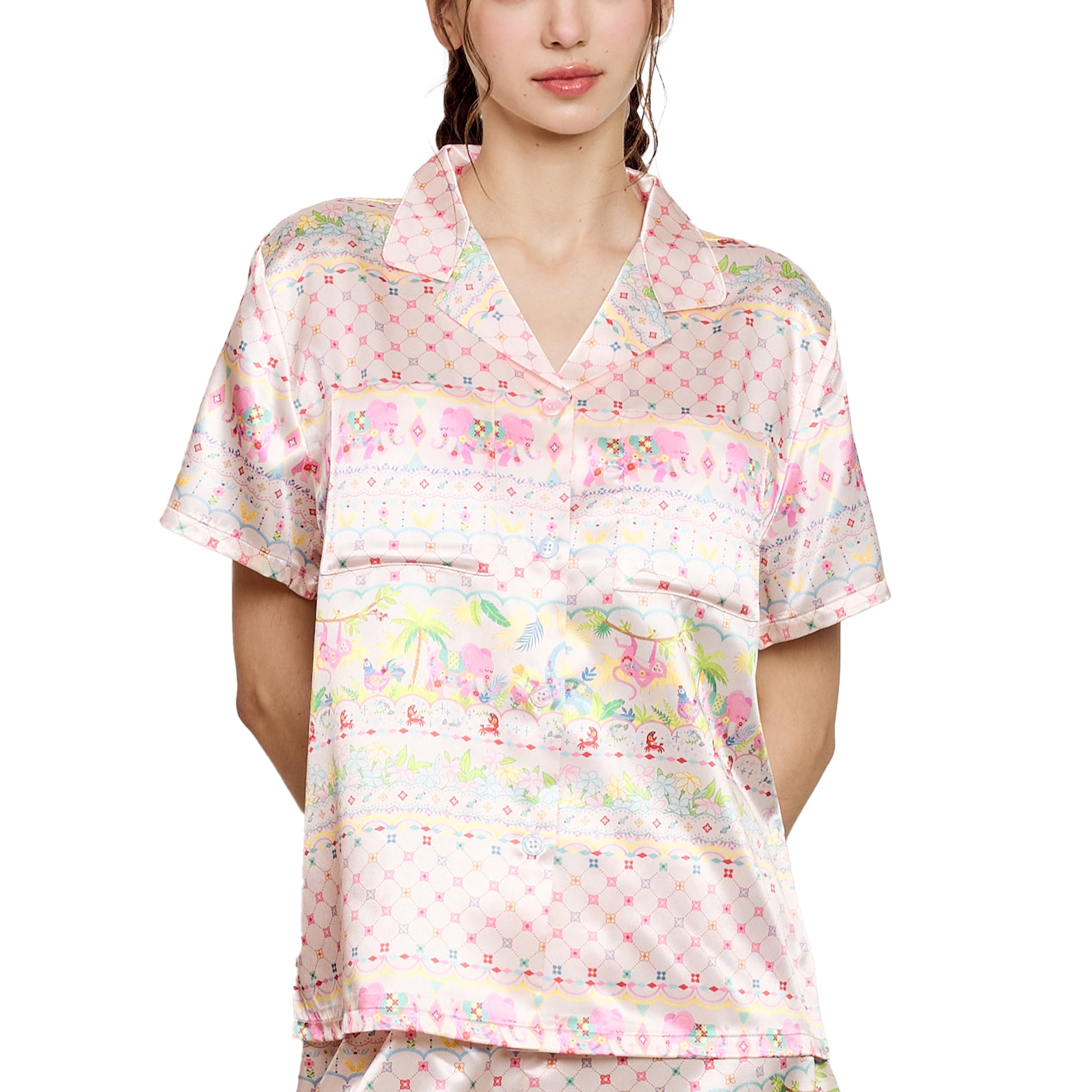 Wacoal Any Thai Any Where Collection วาโก้ ชุดนอนกันโป๊ รูปแบบเสื้อแขนสั้น กางเกงขาสั้น พิมพ์ลายช้าง รุ่น WN7V11 สีชมพูอ่อน (LP)