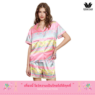 Wacoal Any Thai Any Where Collection วาโก้ ชุดนอนกันโป๊ รูปแบบเสื้อแขนสั้น กางเกงขาสั้น พิมพ์ลายช้าง รุ่น WN7V11 สีชมพู (PI)