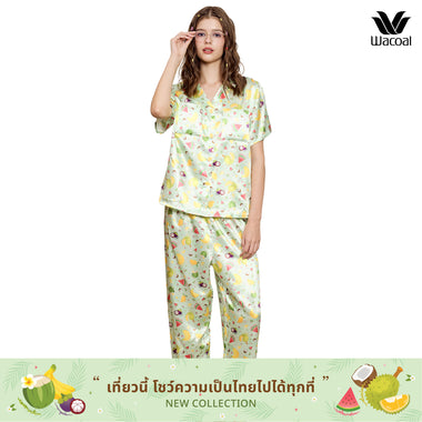 Wacoal Any Thai Any Where Collection Wacoal anti-exposure pajamas, short-sleeved shirt, long pants, Thai fruit print, model WN7V13, green (ME)