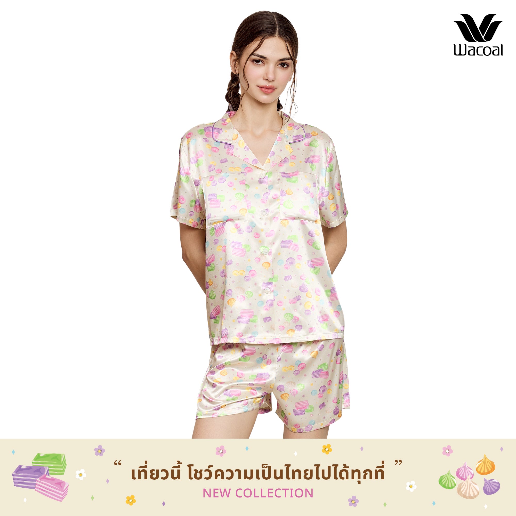 Wacoal  Any Thai Any Where Collection วาโก้ ชุดนอนกันโป๊ รูปแบบเสื้อแขนสั้น กางเกงขาสั้น พิมพ์ลายขนมไทย รุ่น WN7V14 สีเหลือง (YE)
