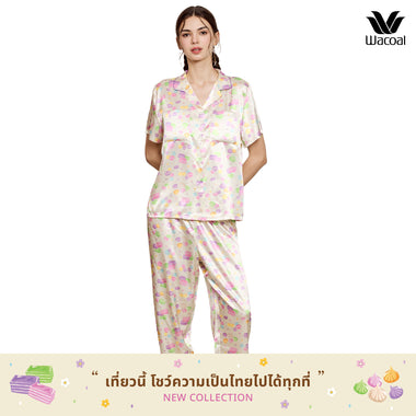 Wacoal Any Thai Any Where Collection Wacoal anti-exposure pajamas, short-sleeved shirt, long pants, Thai dessert print, model WN7V15, yellow (YE)