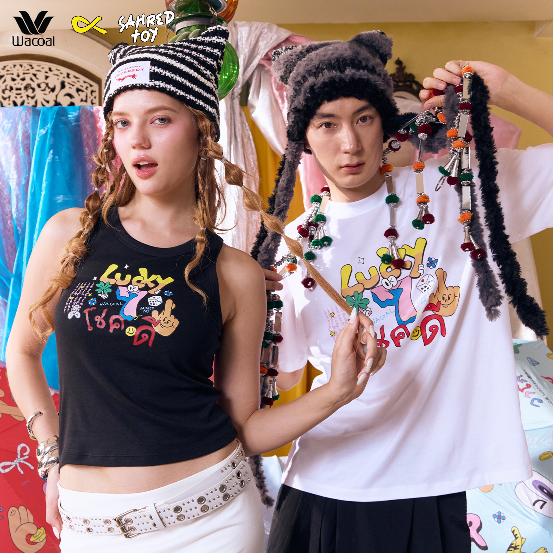 Wacoal X Sahred Toy Bra Top เสื้อกล้ามมีบรา ลายโชคดี (Lucky) รุ่น WH4N24 สีดำ (BL)