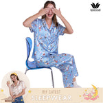 Wacoal Millie &amp; Friends Circat Collection, anti-exposure sleepwear, short-sleeved shirt, long pants, striped pattern, model WN7D41, blue (BU)