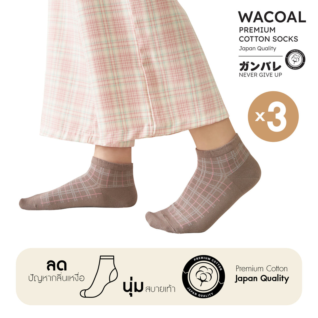 Short Socks Premium Cotton Socks Selected by Wacoal Set 3 pcs Model WW110300 Ovaltine (OT)