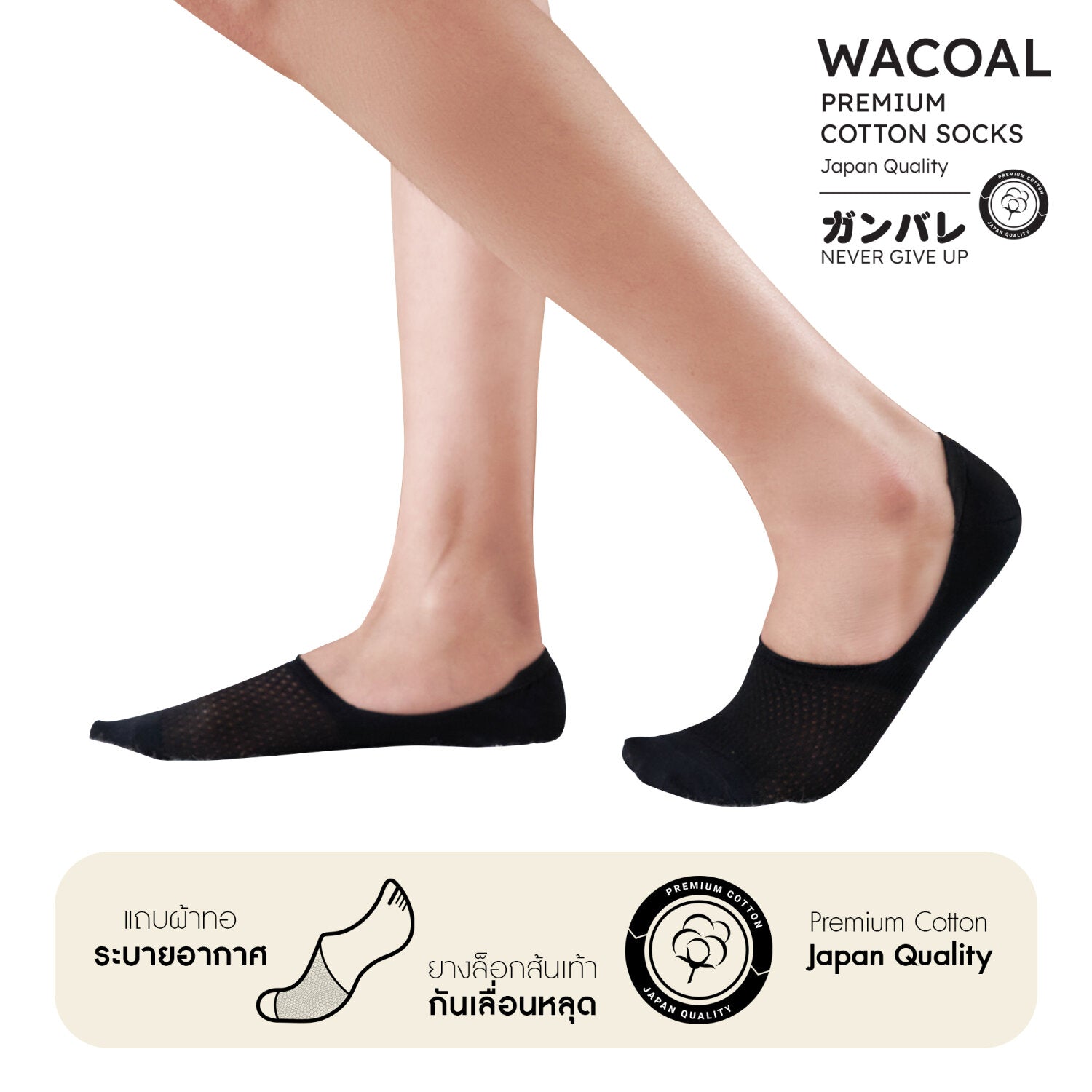 ถุงเท้าซ่อนข้อ ถุงเท้าข้อเว้า Premium Cotton Socks Selected by Wacoal รุ่น WW110400 สีดำ (BL)