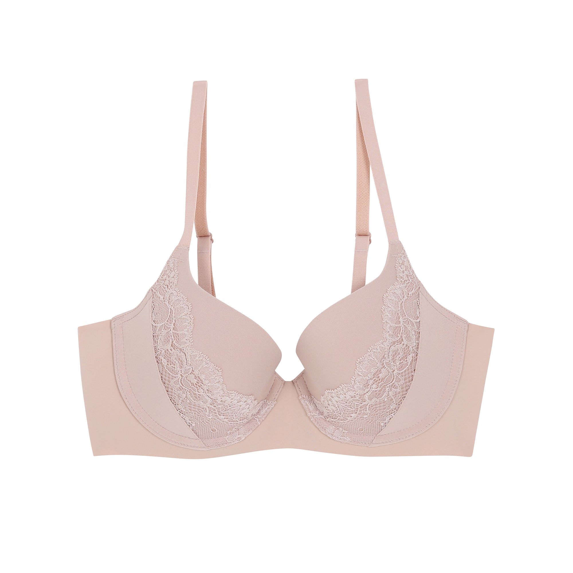 Wacoal Seamless Bra วาโก้บรามีโครง แต่งลายลูกไม้ เสริมฟองน้ำบาง 8 มม. WB5P33 สีเบจ (BE)