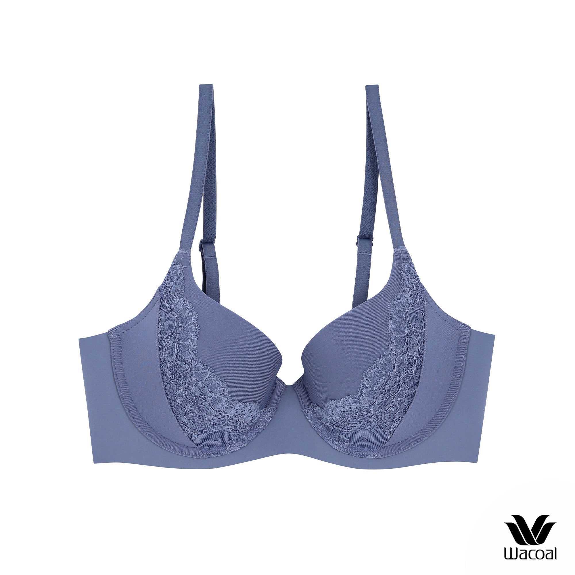 Wacoal Seamless Bra วาโก้บรามีโครง แต่งลายลูกไม้ เสริมฟองน้ำบาง 8 มม. WB5P33 สีน้ำเงิน (BU)